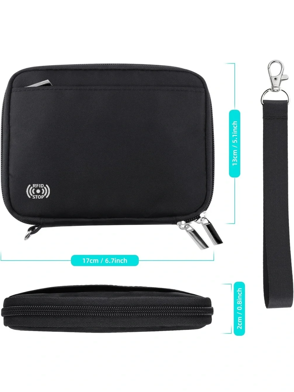 Black RFID-Blocking Wristlet Wallet with Detachable Strap